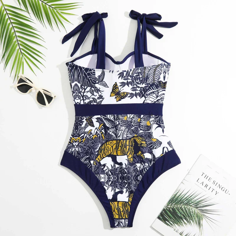 Retron Print Bikini Swimsuit and Cover Up Women 2023 New Bowknot Tie-shoulder Swimwear Brazilian Monokini Bathing Suit Summer