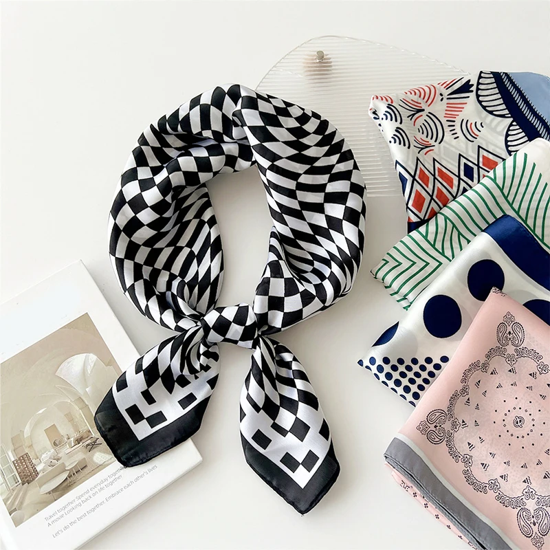 

70*70 см атласный хиджаб, элегантные женские шарфы для офиса, головной платок с принтом в виде волны, квадратная головная повязка на шею, модная повязка на голову, ленты для сумок и галстуков «сделай сам»