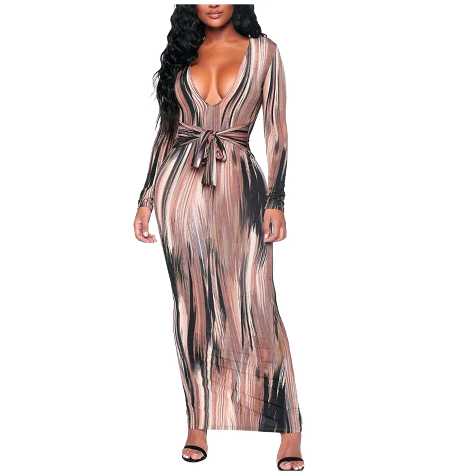 

Женское платье-футляр с V-образным вырезом и длинным рукавом