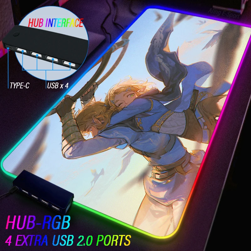 

USB Type C Hub 4 IN 1 RGB Luminous Mouse Pad Gaming Oversized Girl Anime Link and Princess Computer D