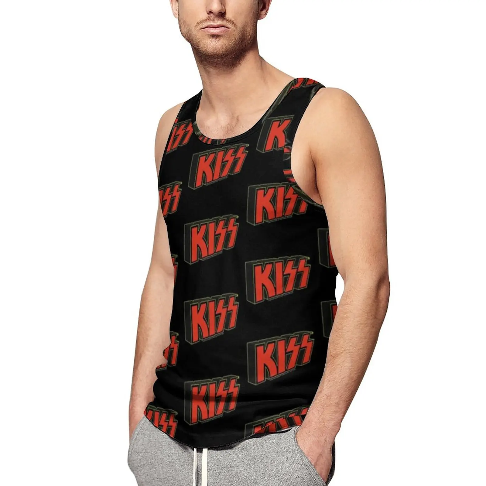 

Майка мужская оверсайз с логотипом Kiss Band, повседневная спортивная одежда с красным принтом, жилет без рукавов для бодибилдинга