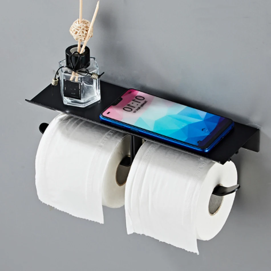 

Черный двойной бумажный держатель с полкой для телефона, алюминиевая полка для туалетной бумаги, вешалка для хранения полотенец, рулон ткани, вешалка для кухни, туалета, ванной комнаты
