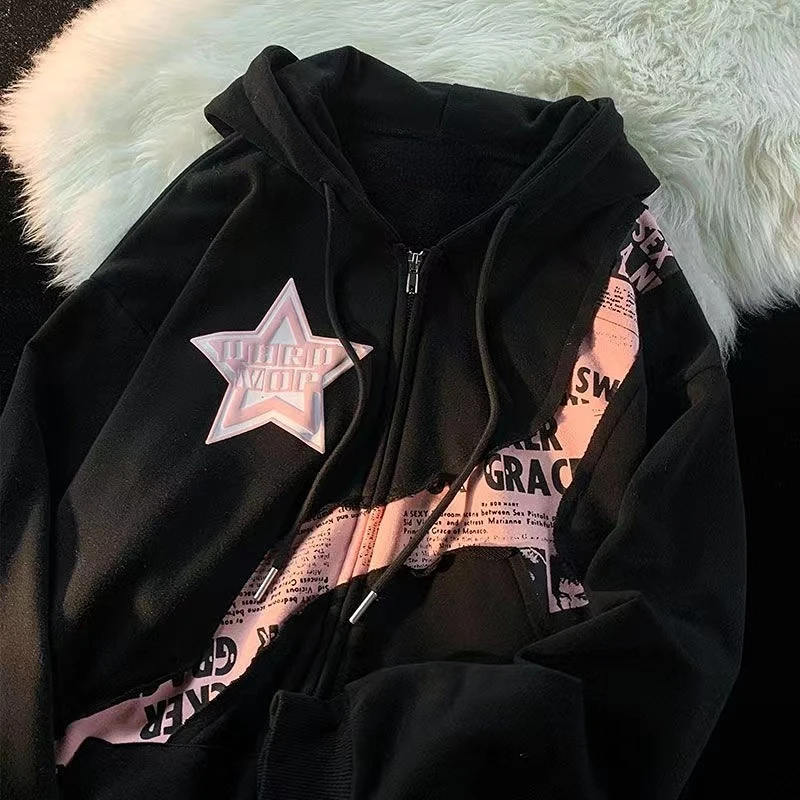 

Y2K Zip Up Hoodie Women 2023 new American fried street star letter print patchwork cardigan hoodie women's trendy loose coat top