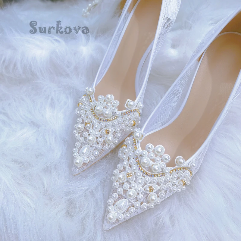 Women's Wedding Shoes Pearl Mesh Embroidery Rhinestone Bridal Pumps 2023 Summer Pointed Toe Dress Thin High Heels Banquet Shoes