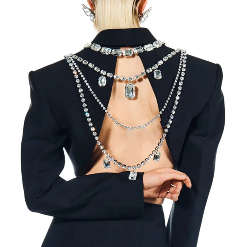 

Stonefans Exaggerated Big Crystal Octagon Shoulder Chain Multi Layers Jewelry Accessories Luxury Rhinestones Bride Back Pendants