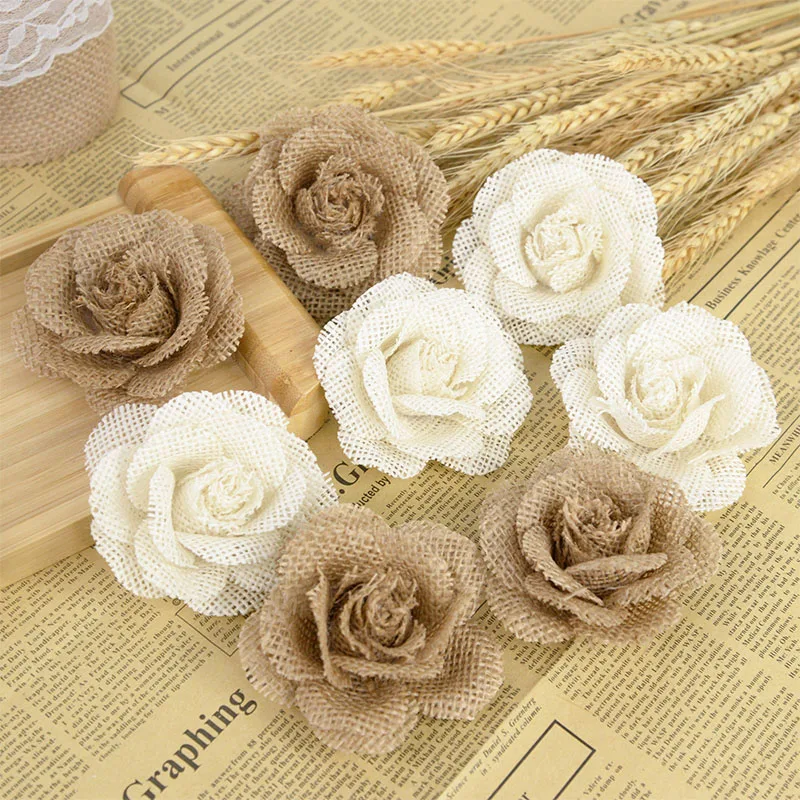 5Pcs Handmade Jute Burlap Retro Country Shabby Chic Rose Flower Rustic Wedding Party DIY Decorative Supplies Hessian Ribbon Bow images - 6