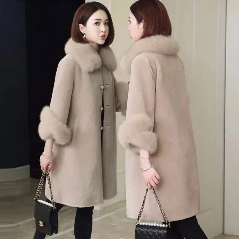 2023 Autumn Winter Faux Fur Coat Women Imitation Sheep Shear Mid-Length Big Hair Collar Loose Warm Particles Fluffy Coats Female