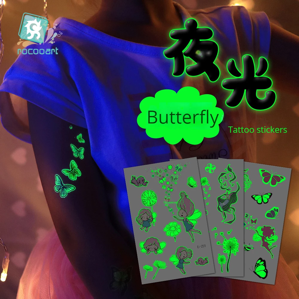 

Водостойкая светящаяся в темноте тату-наклейка, цветок, фея, Бабочка, мультяшная детская Временная тату-наклейка, размер: 120 × 75 мм