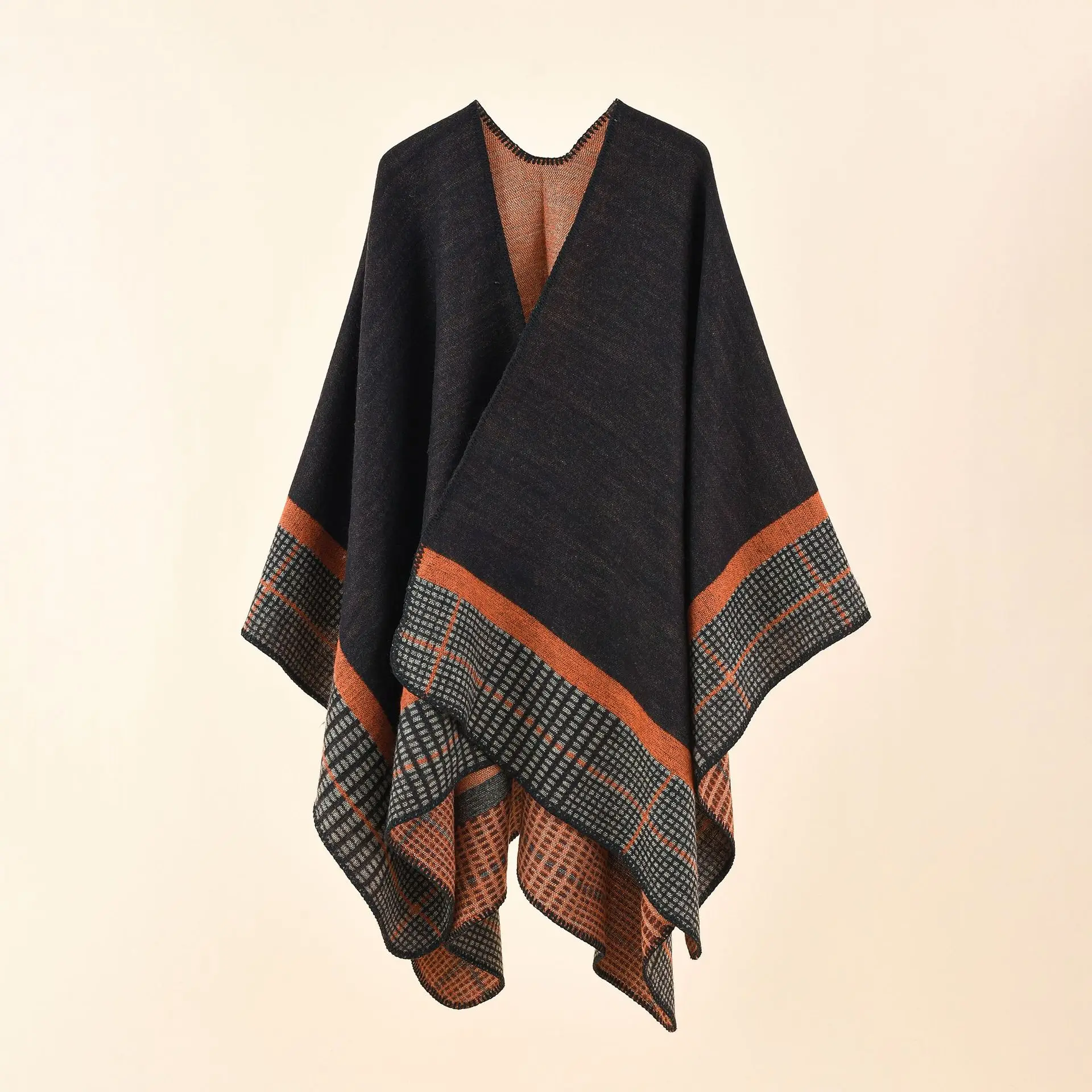 Women's Striped Small Square Imitation Cashmere Acrylic Warm Air Conditioning Shawl Sunscreen Cloak Tourism Cloak Black