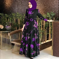 2022long sleeve flower print women dress ethnic floral print belt women skirt maxi kaftan robe womens dresses muslim dress