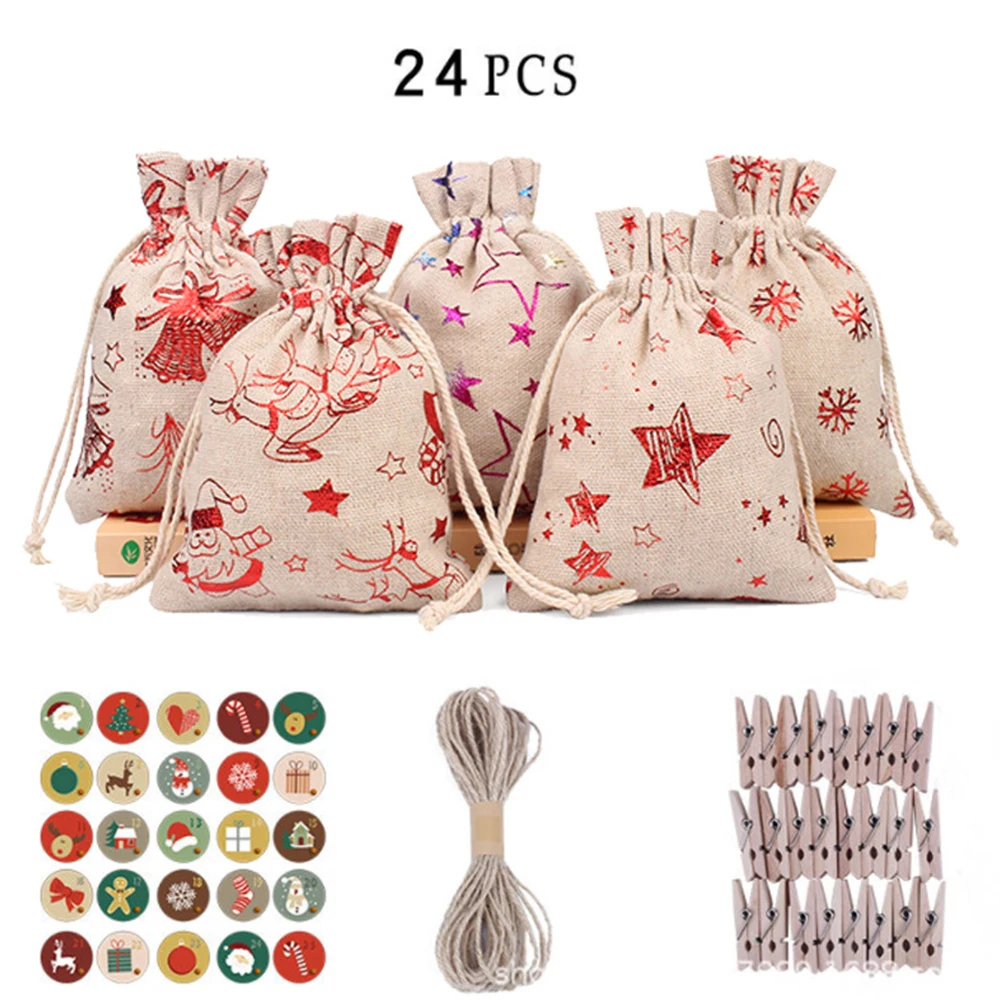 

1 Set Christmas Linen Burlap Bronzing Bag Santa Claus Snowman Drawstring Gift Bags Candy Storage Bag Xmas Supplies for Children