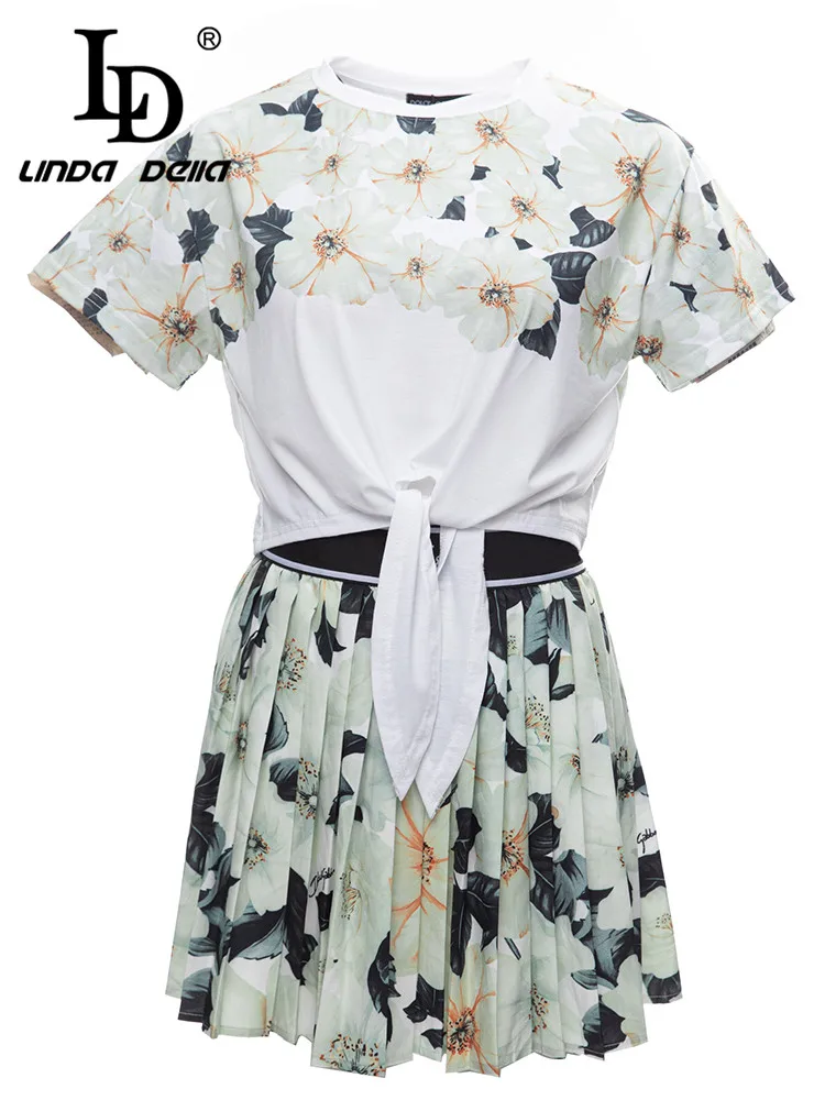 

LD LINDA DELLA Summer Fashion Designer Set Women's Round Neck Print Frenum Top+Elastic Waist Crumple Beach kilt 2 Pieces Set