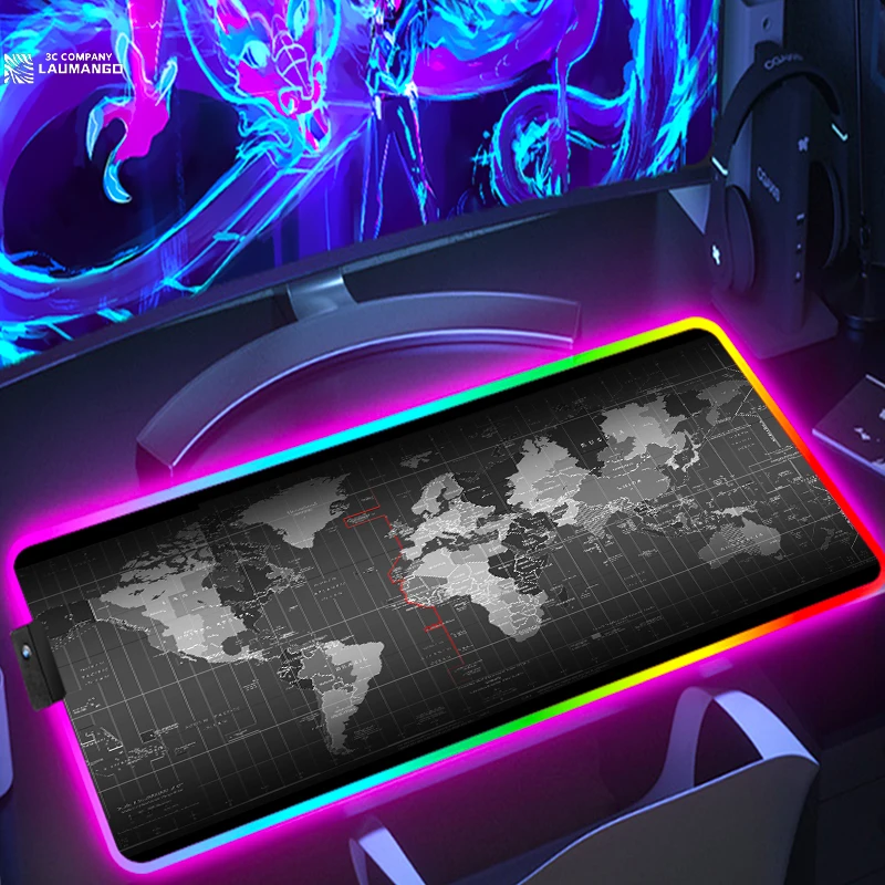 

RGB Mouse Pad Gaming Pc Accessories Rubber Desk Mat World Map Mousepad Gamer Rug Mausepad Office Carpet Keyboard Table Deskmat
