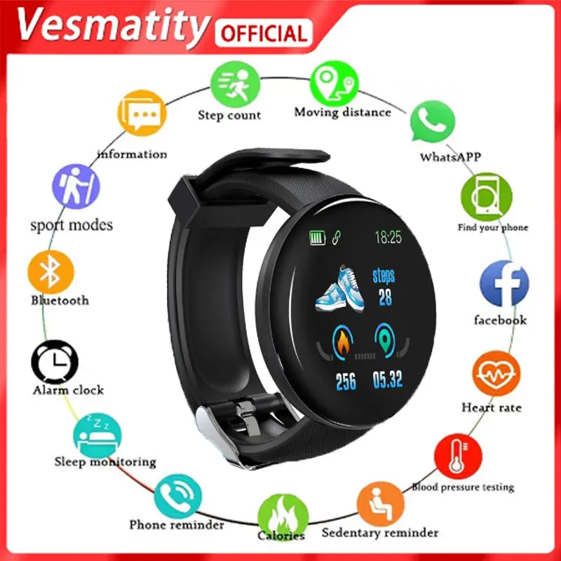 

Vesmatity D18 Smart Watch Men Women Heart Rate Clock Blood Pressure Monitor Smart Sports Waterproof Smart Watch for IOS Android