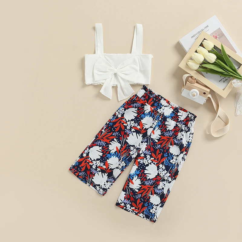 

2022 Summer Baby Tanks Tops Pants Big Bow Decoration Flower Pattern Elastic Waist Spring Newborn Infant Clothing