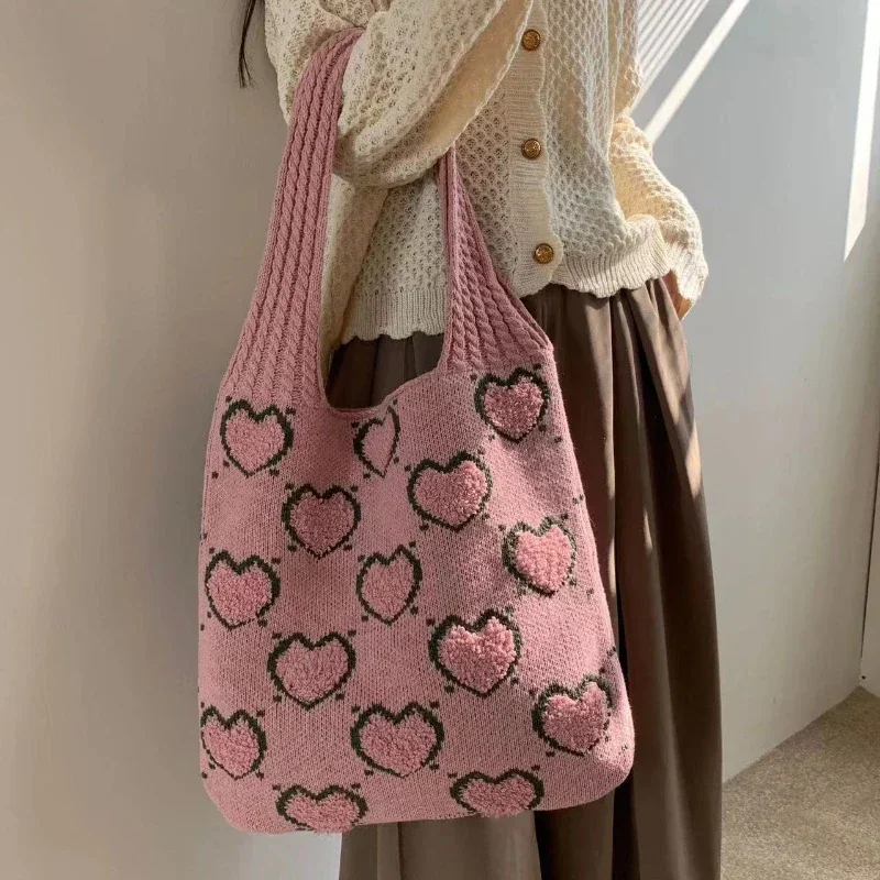 

Youda New Polyester Fabric Shoulder Bag for Women Knitting Heart Pattern Handbag Large Casual Capacity Shopping Tote Bags