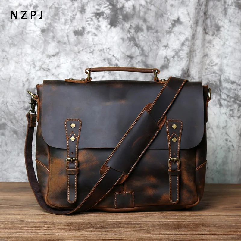 

Retro Leather Men's Handbag Top Layer Leather Horizontal Computer Bag Crazy Horse Leather Men Casual Shoulder Messenger Bag