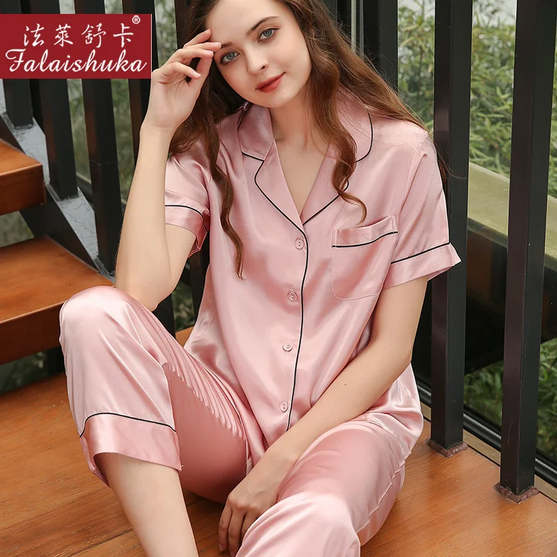 

Fareshuka silk pajamas women's short sleeved trousers two piece suit mulberry silk women's comfortable home clothes t8001-zb
