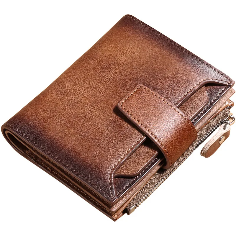 Men's Short Leather Wallet Full Head Classic Retro Brown Leather Multi Card Large Capacity Leisure Wallet Driver's License Walle