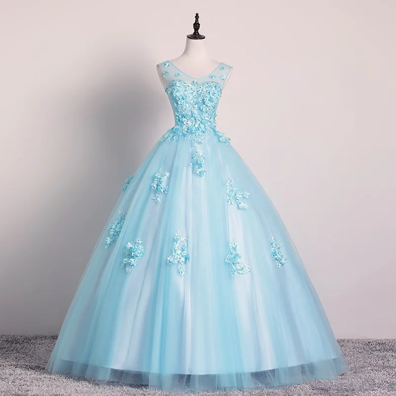 

Exquisite Flower Sweet Tulle Ball Gown Lace Scoop Neck Sleeveless Quinceanera Dress Floor-length Beading Appliques Party Dresses