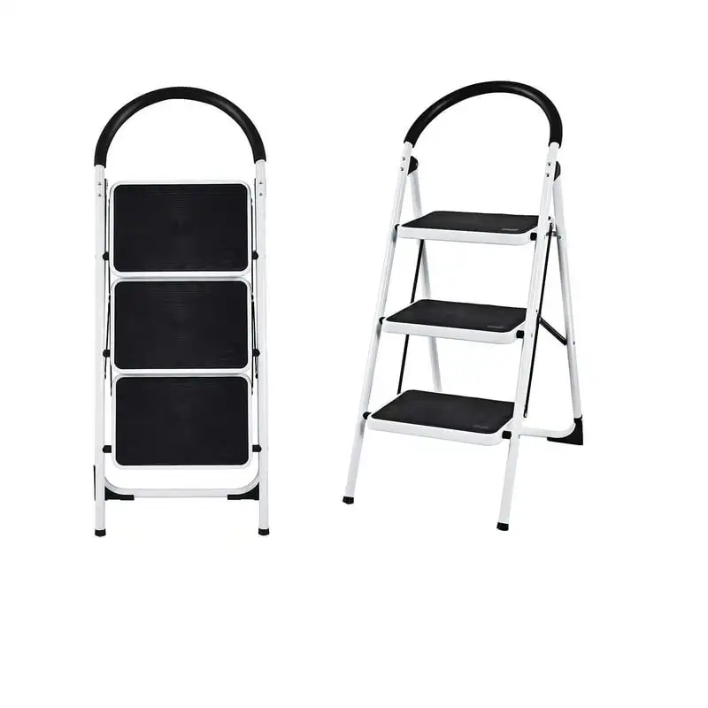 

3 Step Ladder Folding Step Stool Ladder, Sturdy Steel Ladder with Wide Pedal 330 lbs Capacity,White+Black free shipping