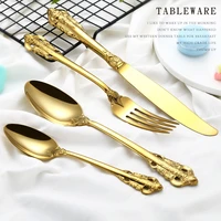 european court style carved embossment knife fork spoon luxury gold stainless steel knives forks kitchen dinner tableware set