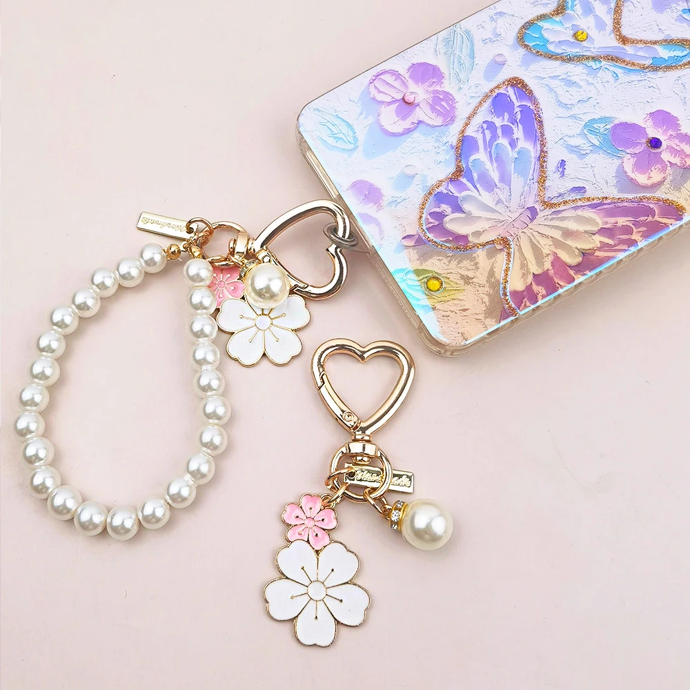 Сладкий розовый цветок сакуры брелок для ключей жемчужная цепочка браслет с