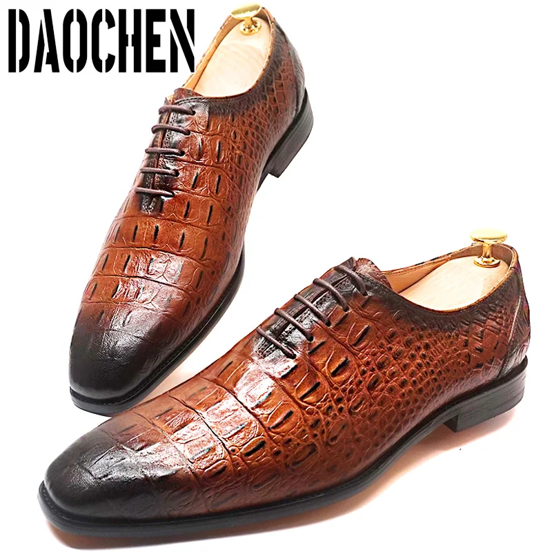 Italian Designer Men Oxford Shoes Crocodile Pattern Prints Mens Dress Shoes Lace Up Pointed Toe Wedding Office Leather Shoes Men