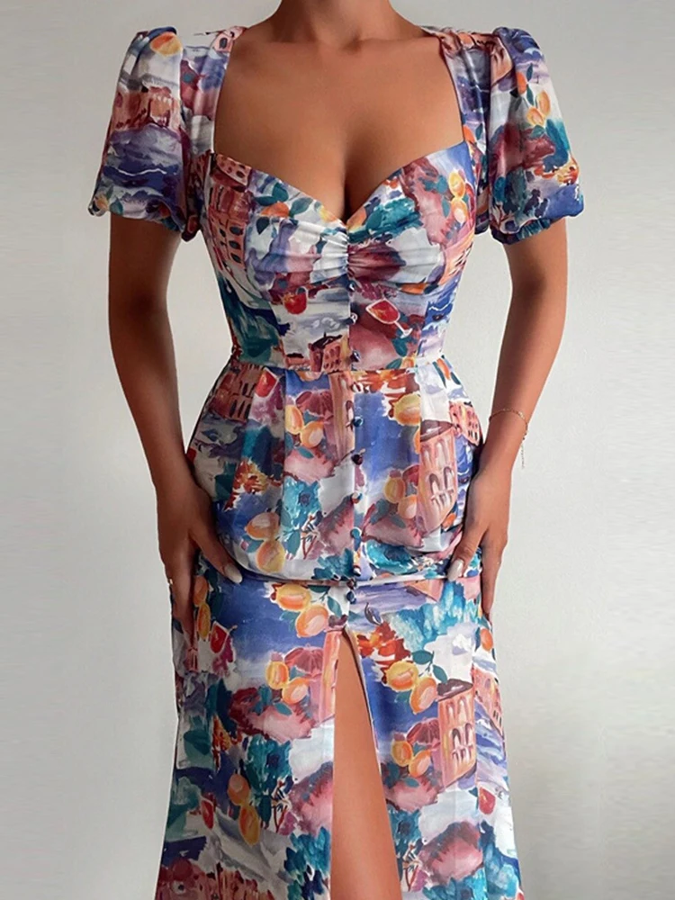 

Пикантное платье с пышными рукавами во французском стиле, женское офисное Шикарное облегающее платье с квадратным вырезом, летнее пляжное ...