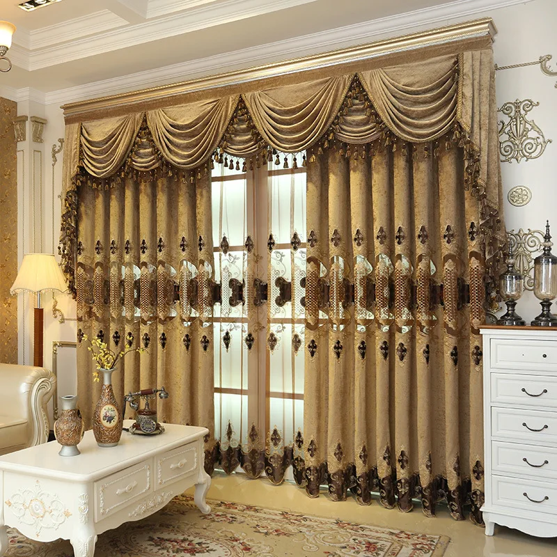 

European Embroidered Curtains For Living Room Bedroom Dining Luxury Chenille Brown Cloth Curtain Transparent Sheer Window