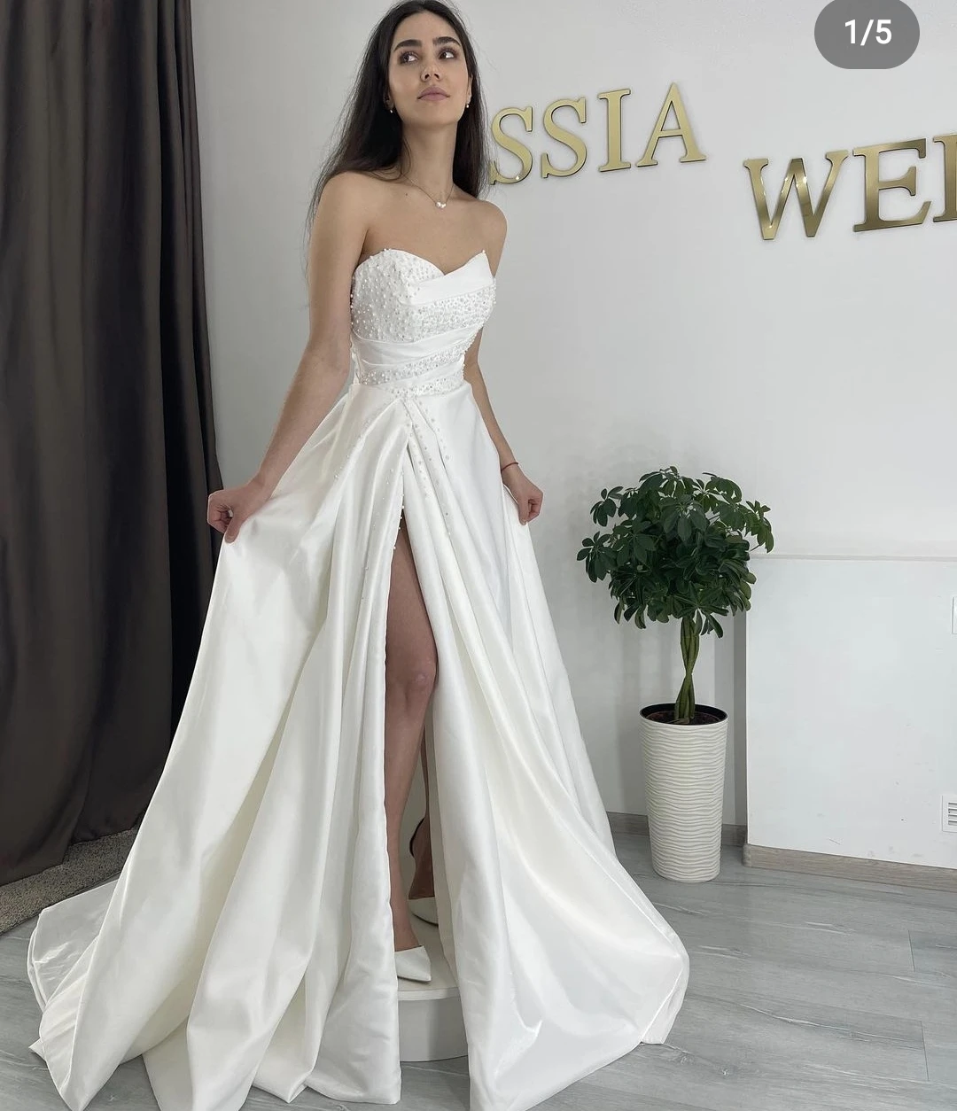 

Elegant Wedding Dress Satin Side Slit Aline Pearls Sweep Train Sweetheart Bridal Gowns Customize To Measures Civil Robe Mariee