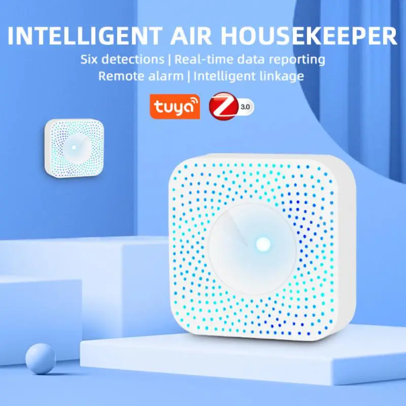 

Tuya Smart Zigbee Smart Air Housekeeper PM2.5 Formaldehyde VOC CO2 Temperature Humidity 6In1 Air Box Sensor Alarm Detector