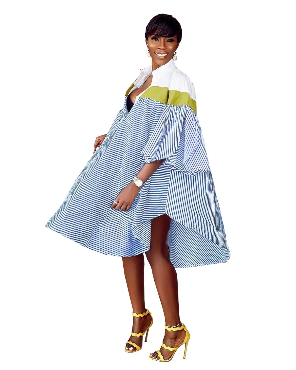 CM.YAYA Women Stripes Splicing Turn Down Neck Loose Wrist Sleeve Vintage Blouses Shirts Dress Fashion Vestidos Summer Dresses | Женская