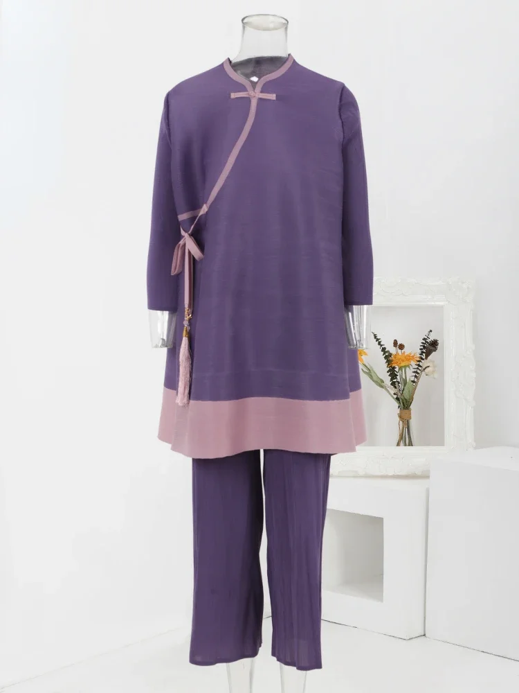 

Miyake Original Casual Pleated 2 Piece Set Women Mid Length Irregular Lace-up Tops High Waist Trousers Fashion 2024 Spring New