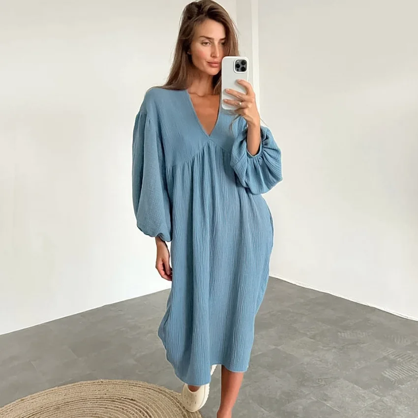BKQU Lantern Sleeve Night Dress Women Loose V Neck Sleepwear 2023 Autumn Cotton Casual Pajamas Solid Elegant Fashion