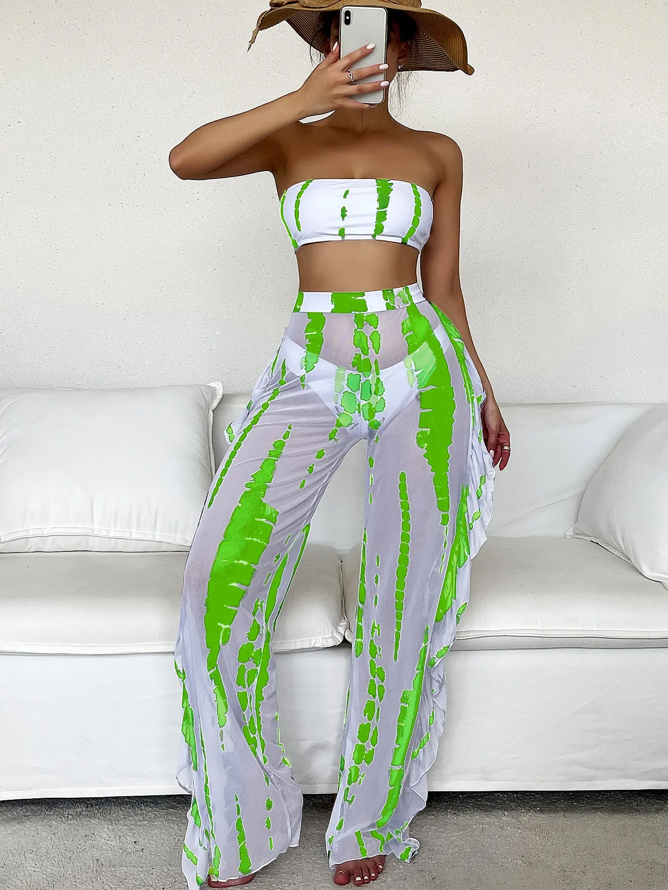 

Tie Dye Bandeau Bikini Swimsuit with Ruffle Beach Pants Women Swimwear 2023 Sexy Three Pieces Bikini Set Summer Beachwear