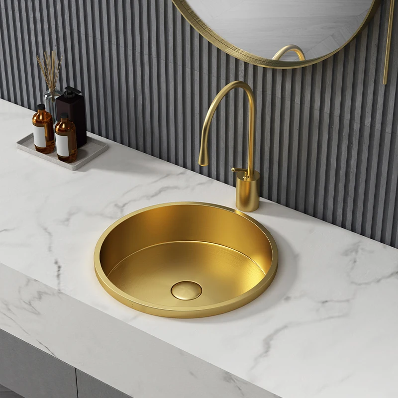 

Роскошная матовая Золотая круглая раковина из нержавеющей стали, встроенная раковина для ванной комнаты, бытовая раковина для балкона