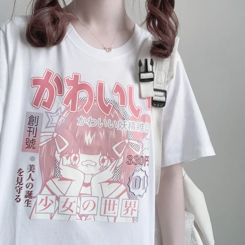

Graphic Print T-Shirt Women Kawaii Japanese Cotton T Shirt Manga Anime Harajuku Top Loose y2k clothes plus size grunge aesthetic
