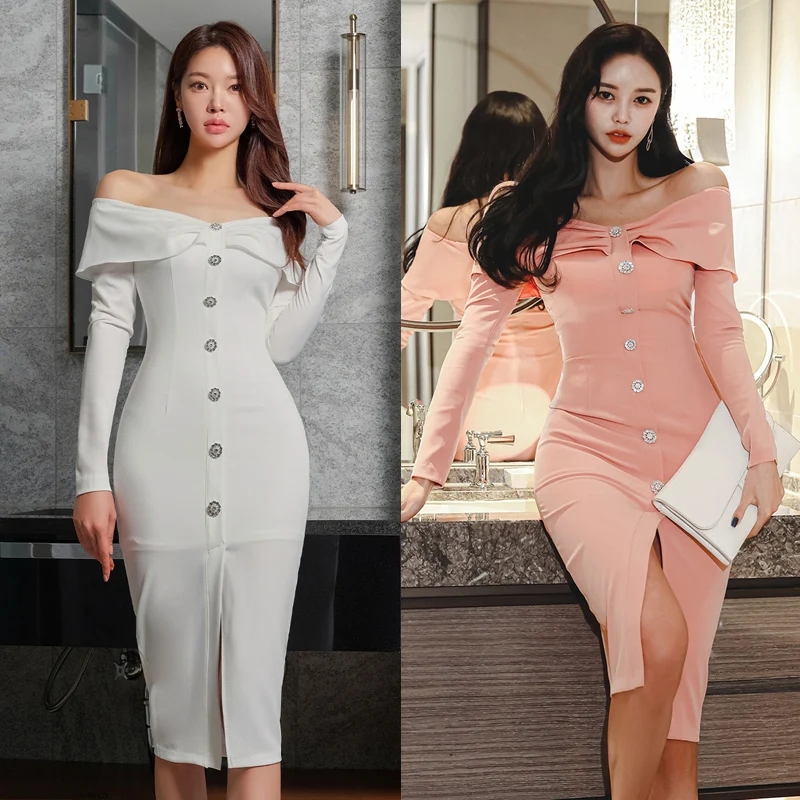 

Luxury Sexy Straight Collar Women's Slim Sheath Dresses Summer Fashion Diamonds Decor Knee Length Korean Split Elegant Dress