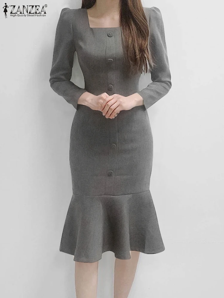 

Элегантное женское однотонное платье-Русалка ZANZEA корейское модное офисное платье осень 2023 облегающее вечернее платье с длинным рукавом и квадратным вырезом