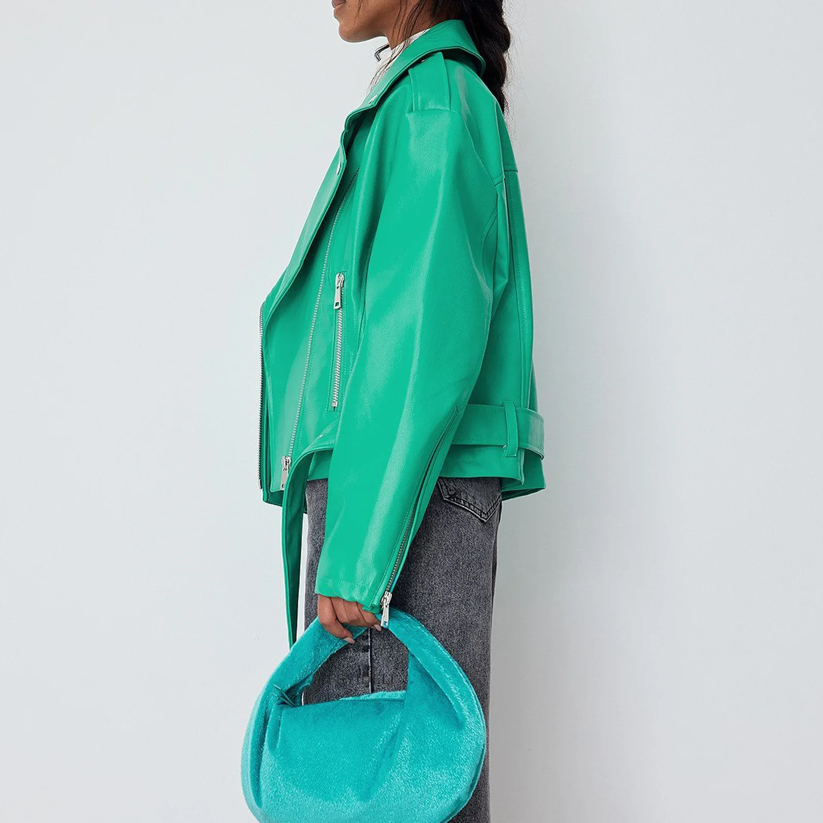 Kohuijoo Green PU Leather Jacket Women 2022 Autumn Fashion Short Slim Loose Coat Belt Short Ladies Motorcycle jackets