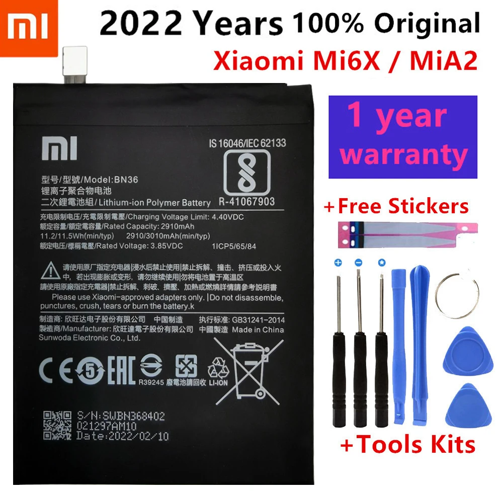 2022 years 100 orginal xiao mi bn36 2910mah battery for xiaomi 6x a2 mi6x mia2 m6x ma2 high quality phone replacementtools free global shipping