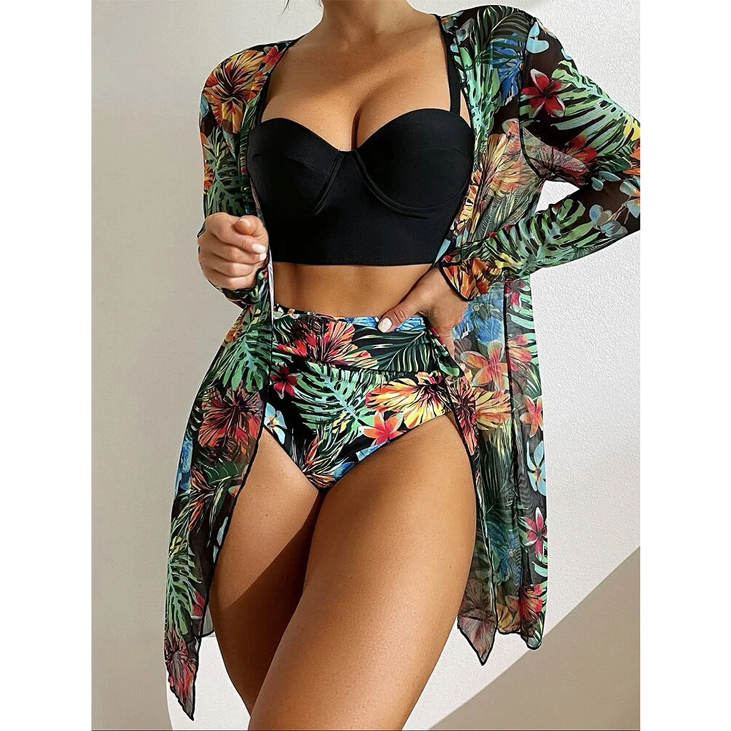 

European American Sexy High Waist Swimsuit Three Piece Women's Long Sleeve Printed Beach Sunscreen Bikini Set