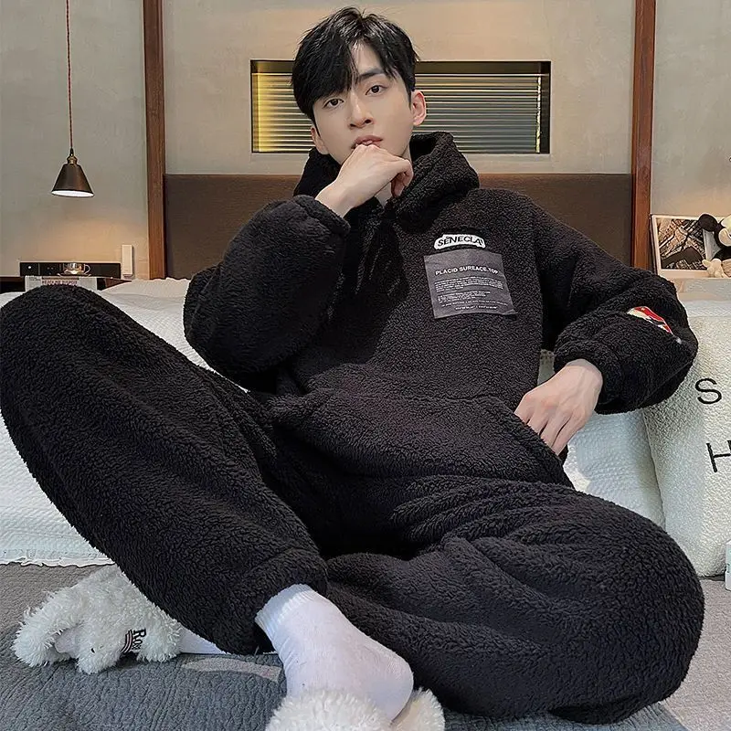 Men's Pajama Suit 2022 Winter Fashion High-end Hooded Warm Flannel Sleepwear Homewear Male Loose Pijamas Trousers Two-piece Set