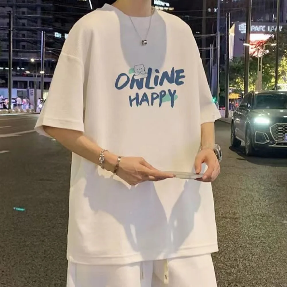 2023 Men's Summer New Print Set Short Sleeve Shorts Two Piece Set Loose Size Waffle Casual Breathable Men's Sports Youth Clothin