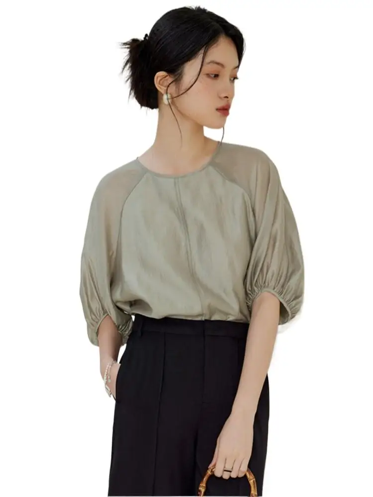 

Korean Fashion Casual Back Lace Up Split Top Rayon Thin Air Conditioning Shirt Office Lady Shirt Summer Women Plus Size T-shirt