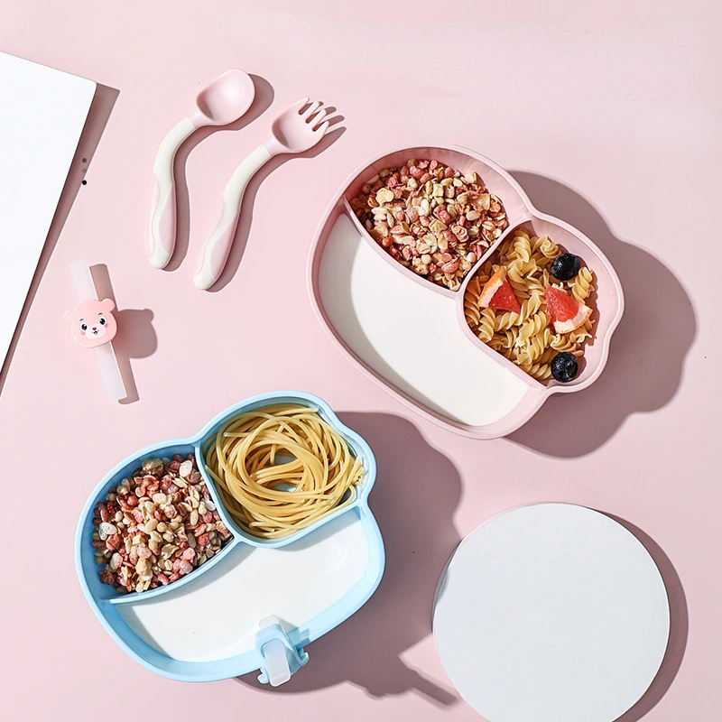 

Baby Plate Baby Silicone Suction Cup Plate with Straw Portable Anti-Fall Clothing with Cover Baby Feeding Food Training Basin