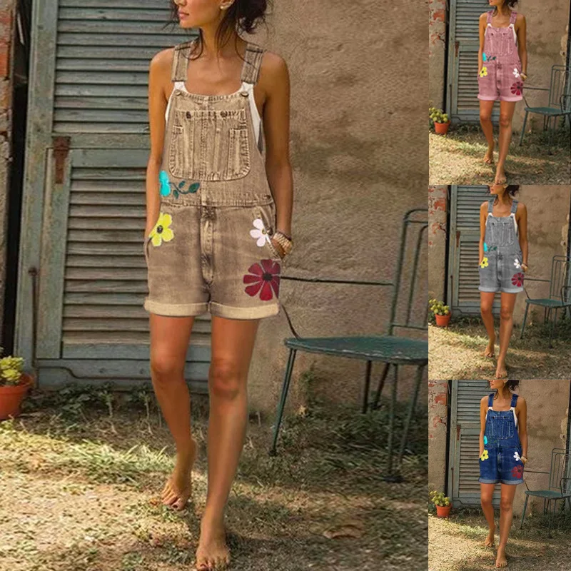 

Women Overalls Shorts Jeans Slim Fashion Summer Print Big Pocket Female Casual Washed Street Short Jeans