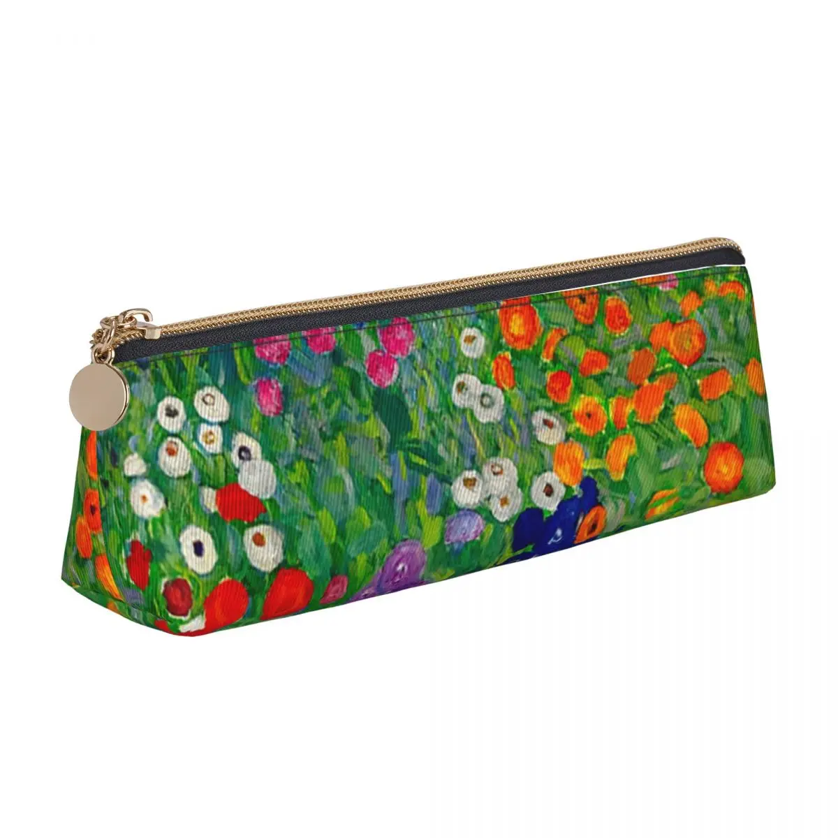 

Gustav Klimt Triangle Pencil Case Cottage Garden Print School Large Capacity Zipper Pencil Box Teens Retro Leather Pen Pouch