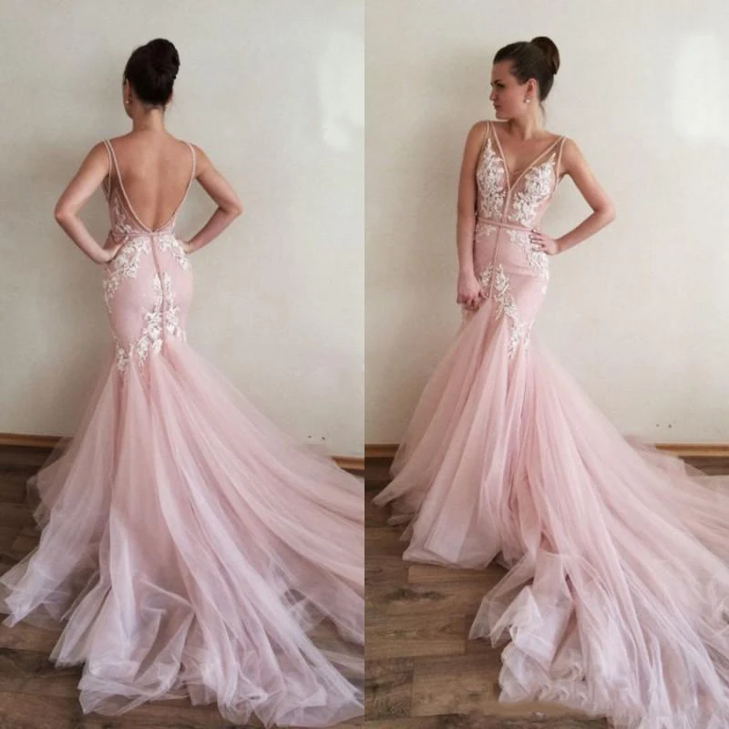 

Sexy Pink Bohemian Wedding Dress 2022 V Neck Backless Tulle Pearls Boho Mermaid Wedding Dress Country Sweep Train Bride Party